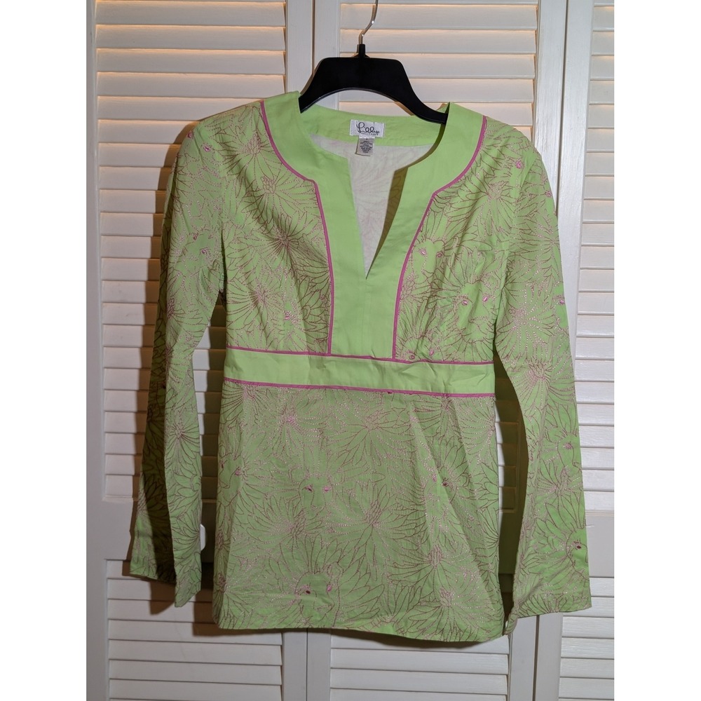 Lilly Pulitzer Size S Green Pink Embroidered Lion Floral Cotton Tunic Top